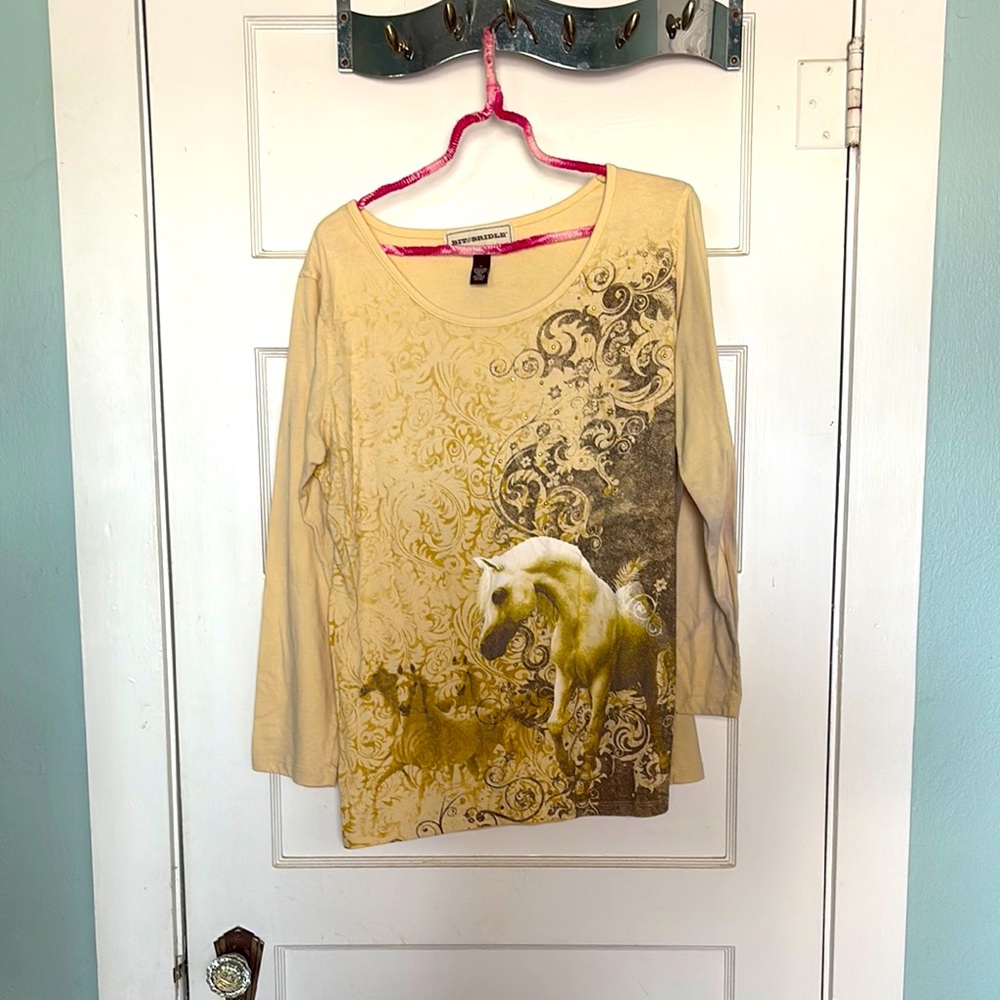 Bit & Bridle Yellow Horse Graphic Long Sleeve Top Size 1X